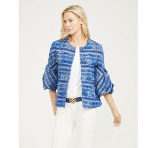 J McLaughlin Linden Blue Striped Tweed Fringe Bell Sleeve Jacket, size Medium